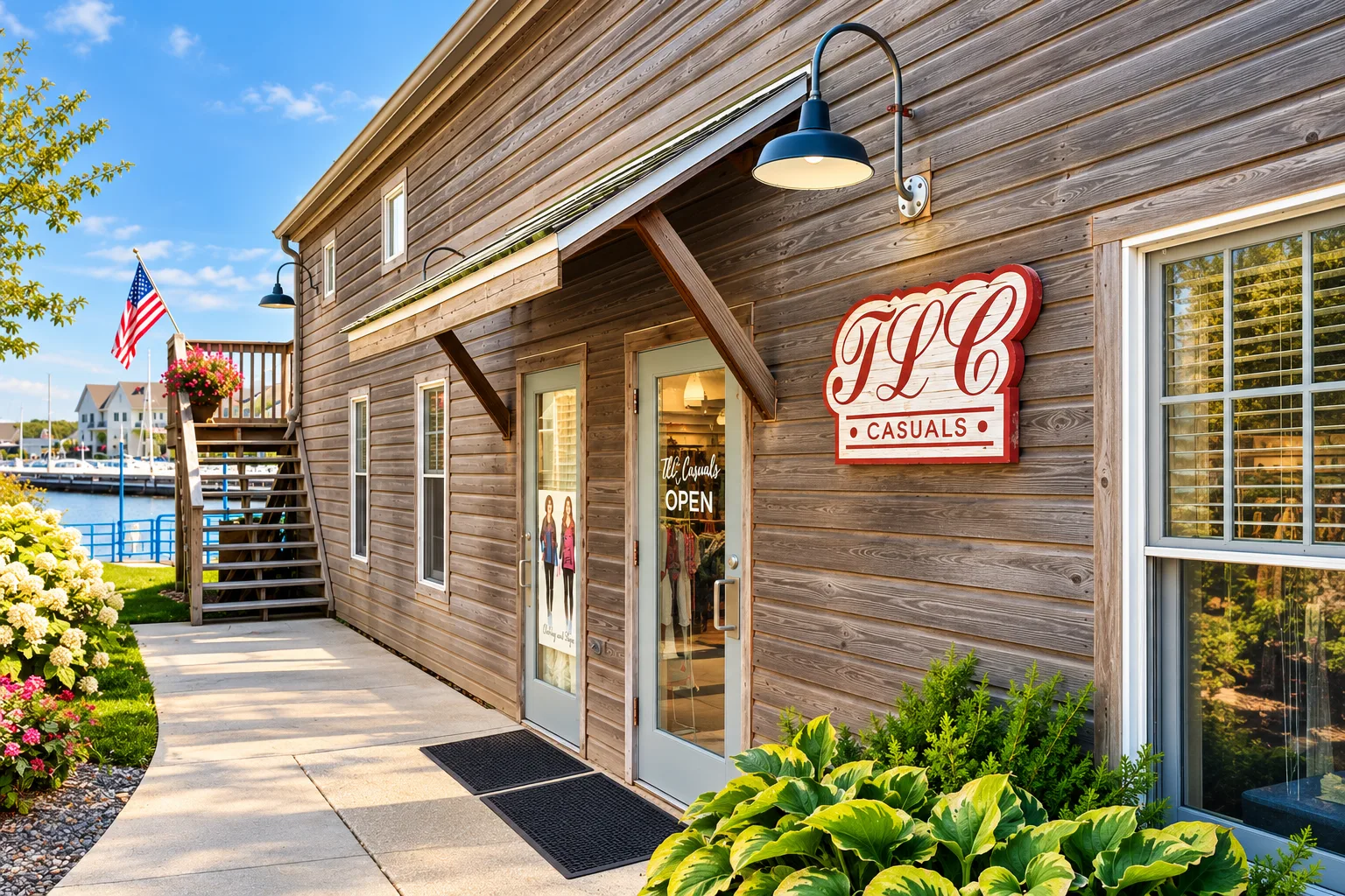 The TLC Casuals storefront on the Sheboygan riverfront, with the harbor behind it